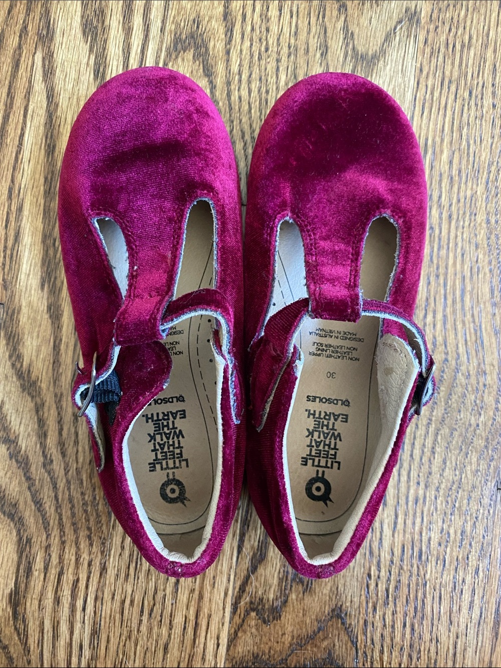 Red velvet Oldsoles t-strap Mary Janes, size 30 (12). Excellent condition